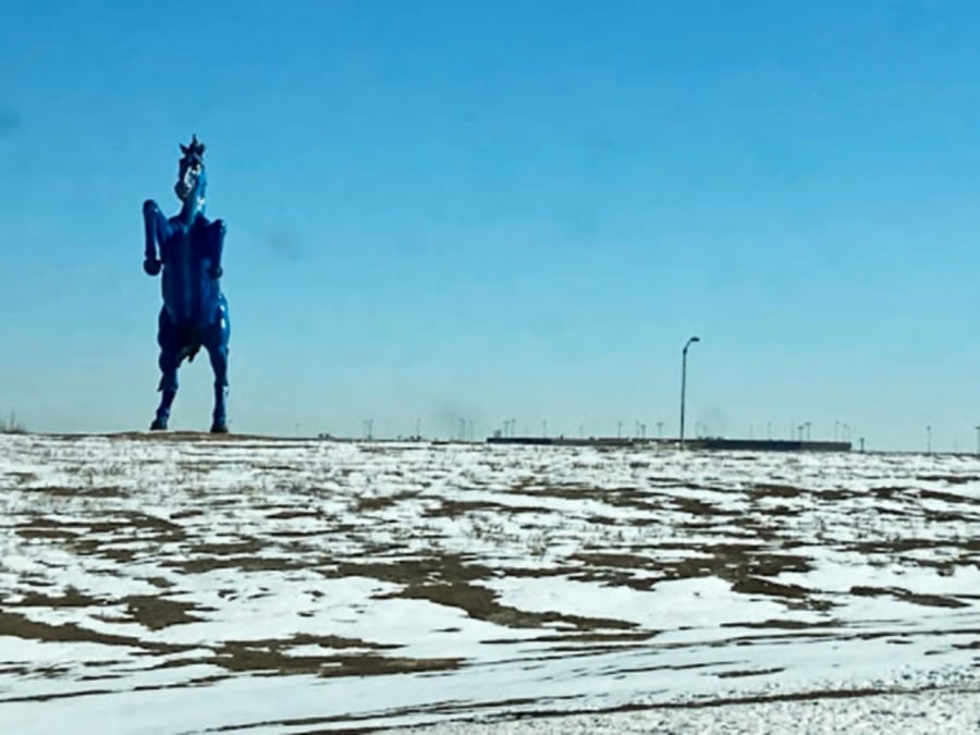 Una mirada de cerca al famoso mustang azul llamado Blucifer fuera del Aeropuerto Internacional de Denver