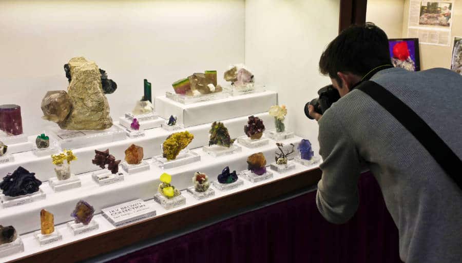 Un fotógrafo fotografía las gemas raras expuestas en el Gem and Mineral Show