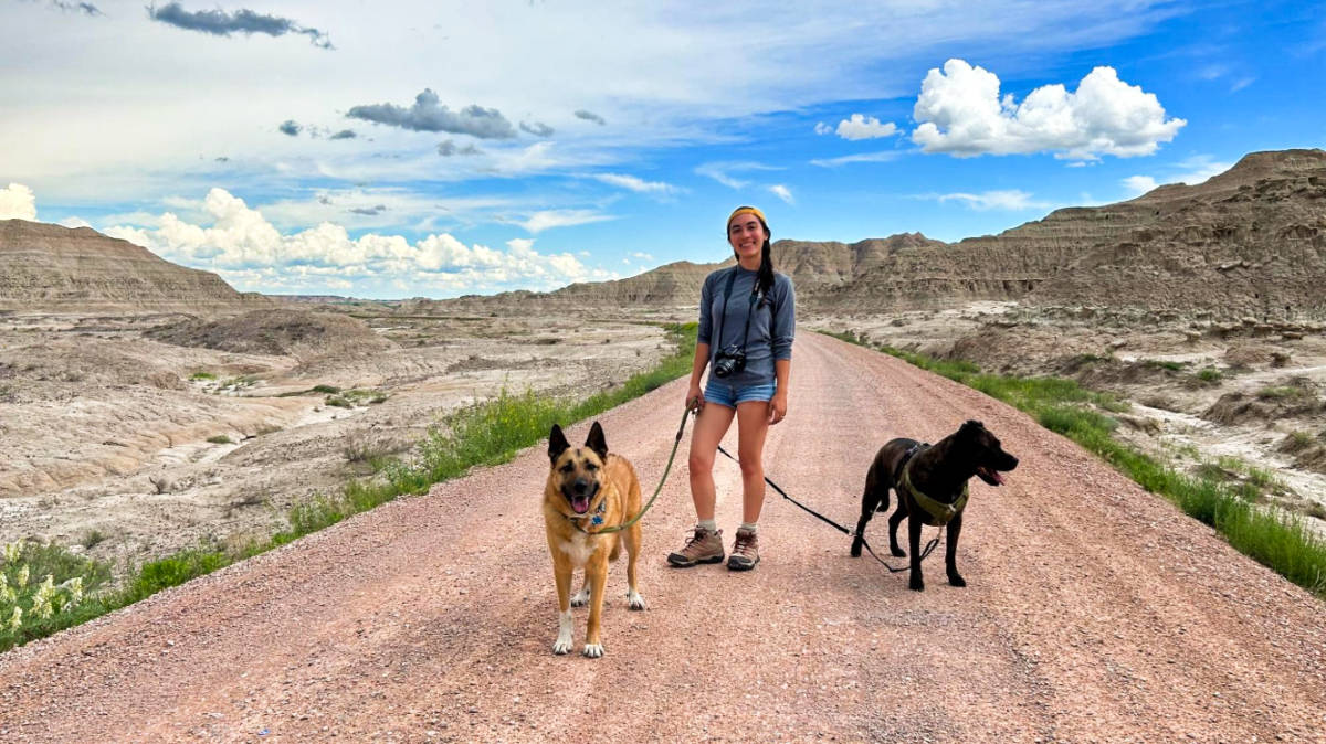 Editora de Travel Lemming, Abigail con sus perros posando en medio de la carretera en el Parque Nacional Badlands